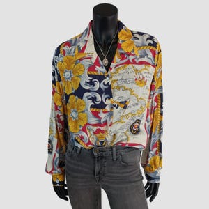 90s Sisley Baroque Shirt Nautical Print Blouse Oversized Italian Vintage, UK16, US12, EU44