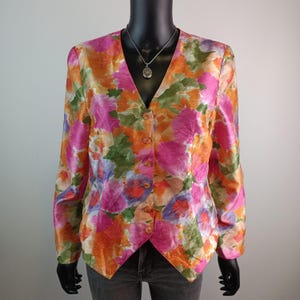 Vintage 80s Floral Taffeta Blouse Jacket, Bold Colour Statement Top, Retro Summer Blazer, UK12, US8, EU40