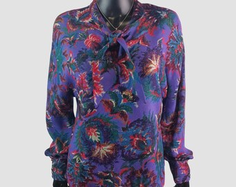 Wollen blouse jaren 80, paarse top met vleermuisstrik, handgemaakte vintage, EU42, UK14, US10
