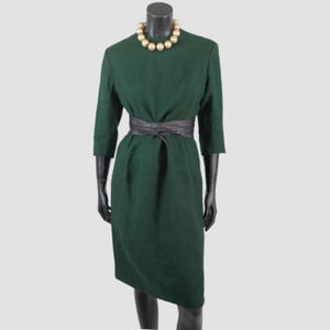 Abito a tubino in lana fatto a mano, abito formale verde bosco anni '70, abito su misura chic fatto a mano, abito elegante con maniche a 3/4, UK12, US8, EU40/L