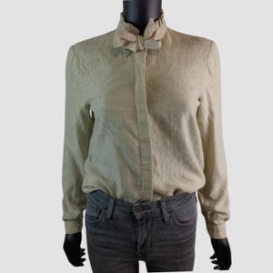 70s Luisa Spagnoli Bow Blouse Cotton Wool Blend Tie Neck Shirt, Italian Designer, Secretary Chic, Brown and Cream, EU38, UK10, US6