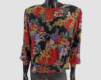 Seidenbluse mit Blumenmuster, 80er Jahre handgefertigte Vintage, Bluse mit Knöpfen, 80er Jahre Maximalist-Schulterpolster-Bluse, Statement-Blumendruck, UK16, US12, EU44