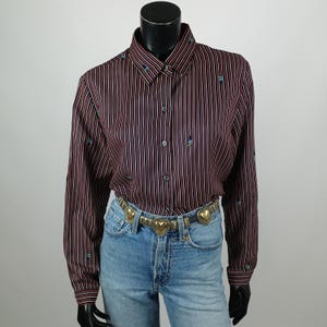 Vintage 80s Striped Shirt, Red White and Blue Striped Shirt, Floral Striped Shirt, Dark Academia Style Blouse, Dark Cottagecore shirt, US12