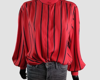 80s Red Striped Blouse, Mandarin Collar Shirt, Fluid Draped Top, Concealed Button Vintage, UK18, US14, EU46