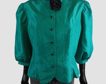 Blusa tipo chaqueta de verano color verde azulado de los 80, top retro de tafetán con mangas abullonadas, talla UK14, US10, 42