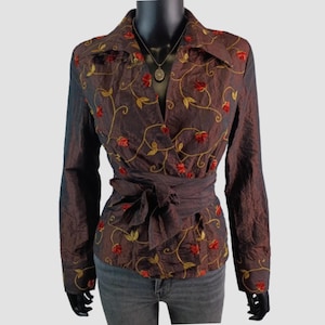 Y2K Bronze Taffeta Embroidered Wrap Blouse, Nara Camicie Italian Designer, Waist Tie Shirt, EU36, UK8, US4