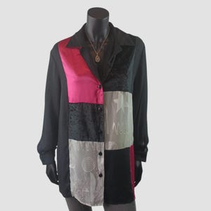 80-talsfärgblocksskjorta, vintage-lapptäcksblus, långärmad, UK10, US6, EU38