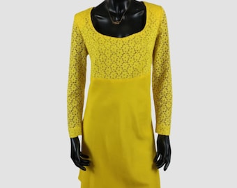 Abito giallo in pizzo anni '60, mini abito go-go go-go in stile Mod, fatto a mano, taglia UK14, US10, EU42