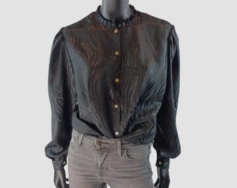 Blusa negra de los 80, camisa abotonada con estampado texturizado en espiral, mangas abullonadas, talla UK10, US6, EU38
