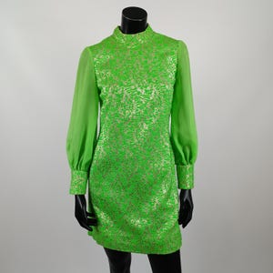Vintage Cocktail Dress 60s, Handmade Brocade Mini Dress, Mod Mini Party Dress, Green Metallic Evening Dress Long Sleeve Retro Cocktail Dress