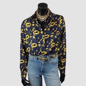 Seide Maritime Print-Bluse, Vintage Navy & Gold Ketten-Shirt, UK12, US8, EU40
