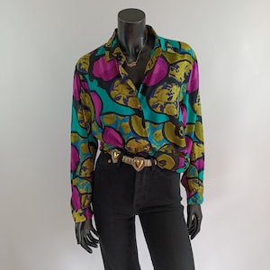 90s Vintage Shirt, Abstract Floral Art Nouveau Blouse, Gold Button Up Top, Bold Print Statement Shirt, Size M/L, Retro Loud Style