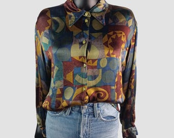 Blusa de satén geométrica vintage de los años 70, camisa vintage hecha a mano, Dark Academia, UK16, US12, EU44