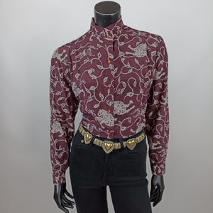 Vintage Silk Art Nouveau Blouse: Burgundy Floral Print, Dark Academia