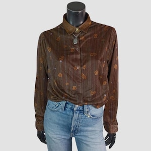 Camisa de rayas florales marrones de los años 70, blusa vintage con botones, top retro de manga larga, blusa transparente estampada, tallas RU 14, US 10, EU 42