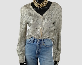 Blusa de seda pura, camisa con estampado floral vintage, botones de cadena dorados, top italiano de diseñador, tallas UK10, US6, FR38