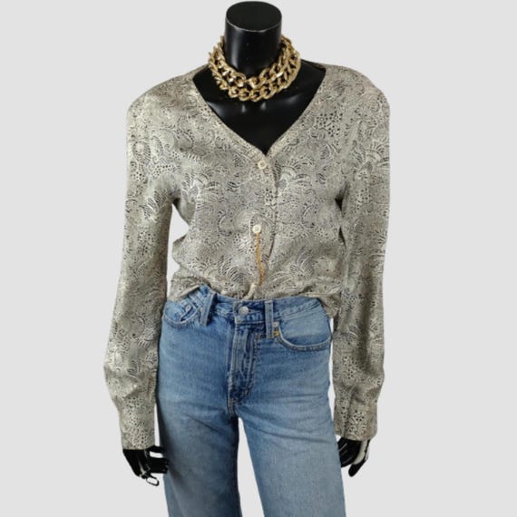Pure Silk Blouse, Vintage Floral Print Shirt, Gold Chain Buttons, Designer Italian Top, UK10, US6, FR38