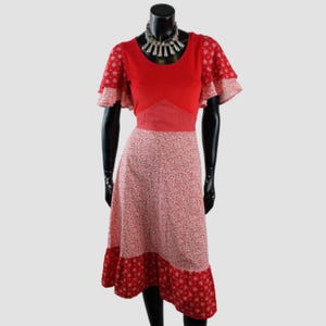 Vintage 70s Clockhouse Prairie Midi Dress, Red White Cotton Velour Dress, Gunne Sax Style Folk Dress, Fluted Sleeves, UK8, US4, EU36, Small