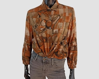 Handgemaakte blouse jaren 70 herfstprint, uniek shirt met abstracte bloemen, oma print top, bruin roestpatroon button-down, UK14, US10, EU42, XL