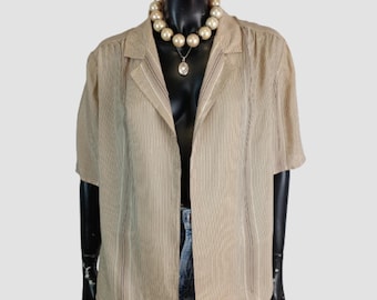 90s Italian Silk Blend Blouse, Neutral Stripe Open Front Jacket