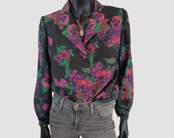 80s Floral Blouse, Pink Pansy Print Shirt, Black Vintage Flower Top, Boxy Button Down, UK14, US10, EU42