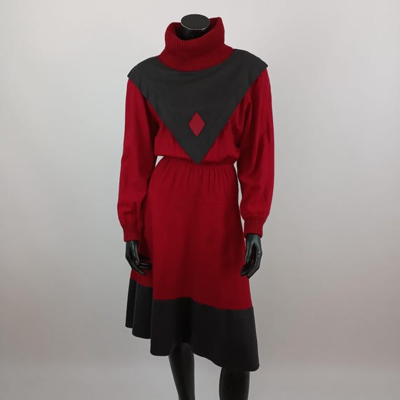 80s Red Gray Wool Skater Dress: High Neck Vintage Winter Dress - Main Image