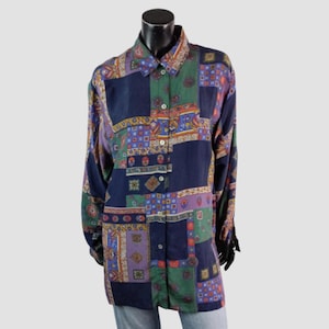 Camicia patchwork in cupro anni '90, camicetta vintage con bottoni, stampa geometrica Paisley, camicia a maniche lunghe, taglia EU46
