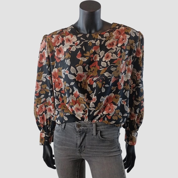 Pure Silk 80s Floral Shoulder Pad Blouse, Black Brown Khaki Blue Pullover, EU44 UK16 US12