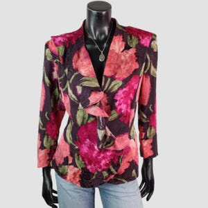 80s Silk Floral Blouse, Dramatic Shoulder Pad Top, Double Breasted Deep V Blazer Style Shirt, Waterfall Collar, UK12, US8, EU40
