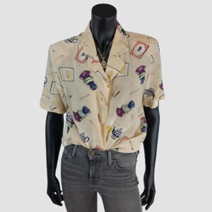 Blusa de seda pura con estampado original de los años 90, camisa con estampado de tetera, Luca Giordani, EU40, UK12, US8