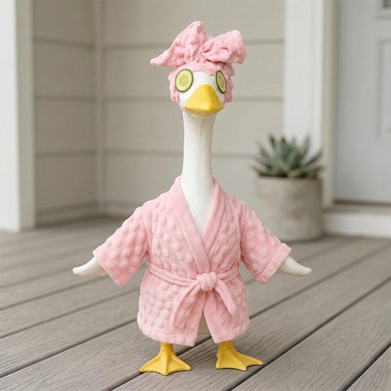 Porch Goose Spa Outfit, Pink Bathrobe Costume for 23 Inch Goose, Funny Lawn Goose Clothes, Shower Cap & Cucumber Slices, Garden Decor Gift