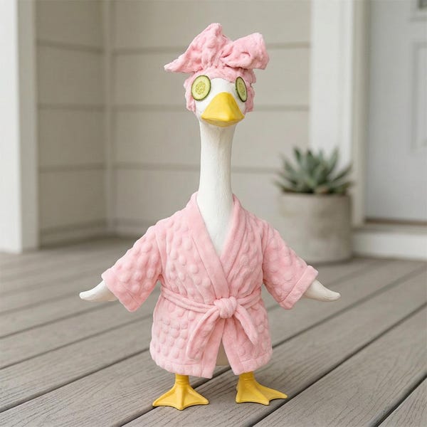 Traje de spa para ganso de jardín, bata rosa para ganso de 58 cm, ropa divertida para ganso de jardín, gorro de ducha y rodajas de pepino, regalo para decoración de jardín.