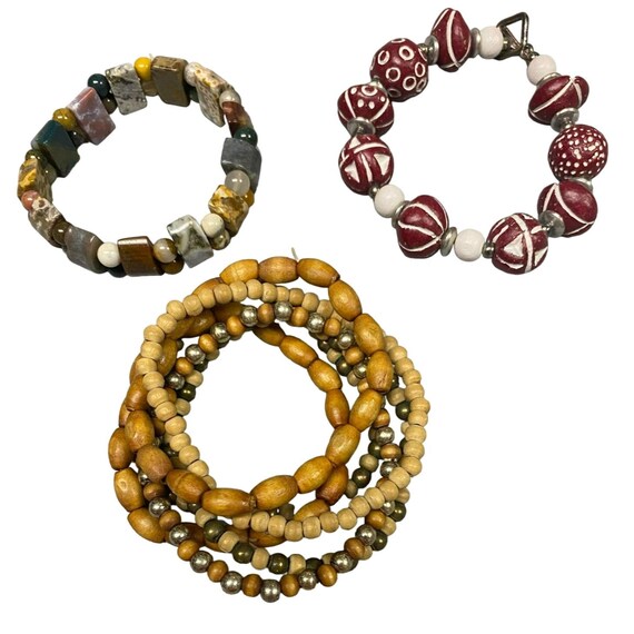 Boho Stone, Jasper & Wood Bead Stretch Bracelets