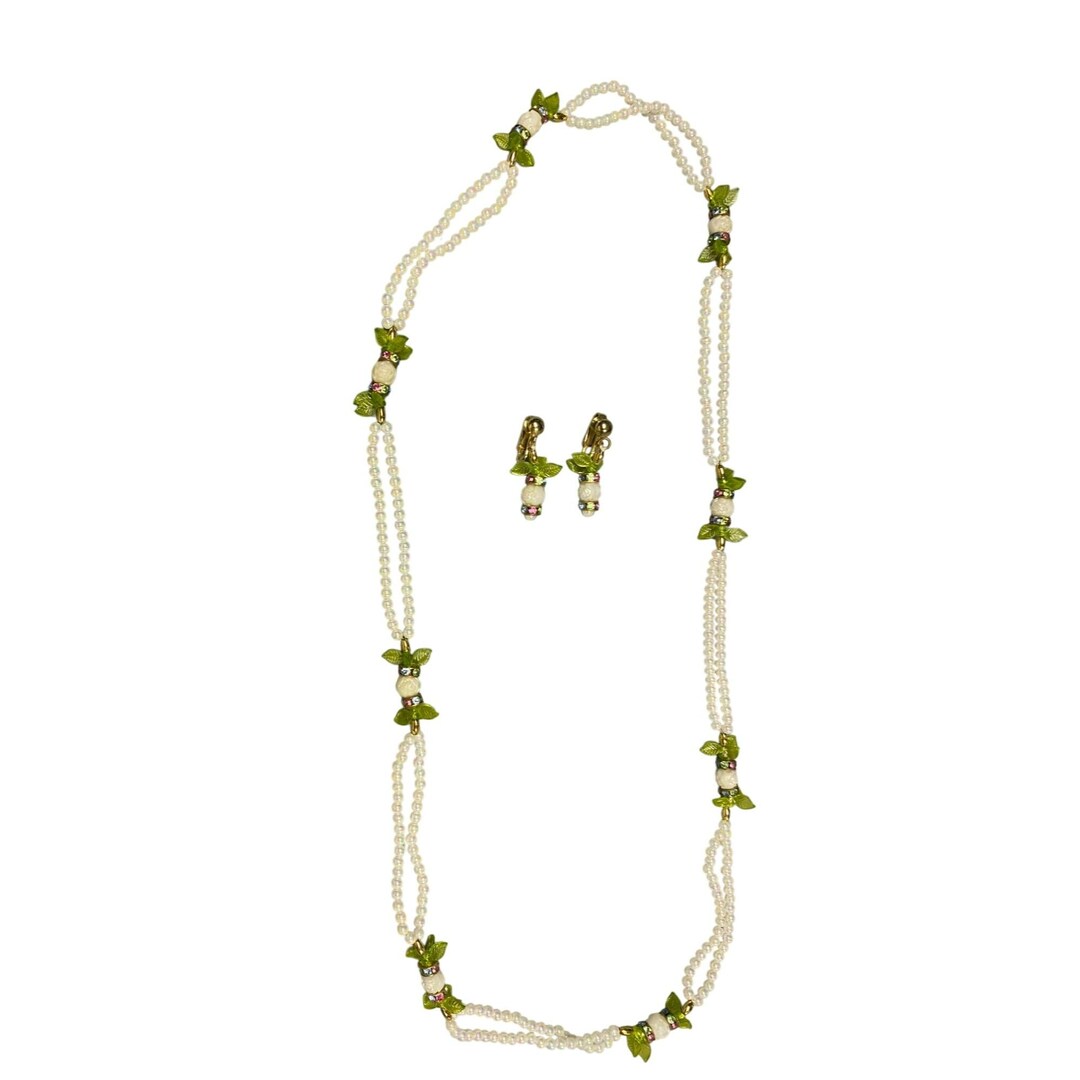 Set Gioielli Vintage Con Collana E Orecchini - Ciondolo Fiore Di Perle Finte Color Crema