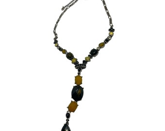 Vintage Signed DB Yellow and Black Lariat Necklace with Lucite and Glass Beads