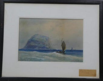May include: A watercolor painting of a sailboat on a choppy sea with a large island in the background. The sky is a light blue with white clouds. The sailboat has a brown sail and a white hull. The island is a dark green with a rocky shore.
