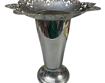 Antique Silver Plated Ornate Trumpet Posy Bouquet Wedding Vase &quot;1881 Rogers&quot; With Pierced Scalloped Edge