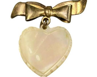 Vintage WWII Era Heart Shaped Mother Of Pearl Shell & Bow Sweetheart Valentine Pin Brooch