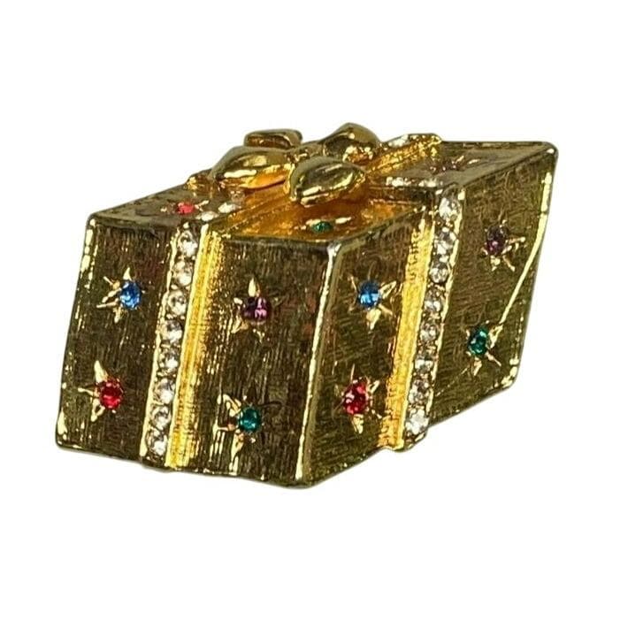 Vintage Goldfarbene Geschenkbox Brosche mit Multicolor Edelstein Strass Akzente