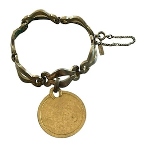 Vintage Monet Gold-Tone Charm Bracelet With Large Round Pendant & Safety Chain