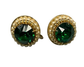 Vintage CORO Emerald Green Stone Seed Faux Pearl Gold Tone Screw Back Earrings Womens Regency