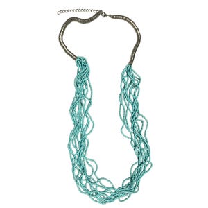 Vintage Handmade Turquoise Colored Multi-Strand Seed Beaded Necklace With Adjustable Silver Tone Chain