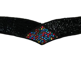 Vintage Art Deco Handbeaded Black with MultiColor Beads Belt Sash