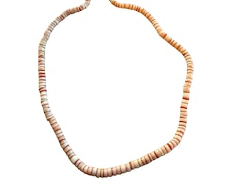 Vintage Handmade 1970s Heishi Puka Shell Beach Surfer Necklace Natural Pink White Tones