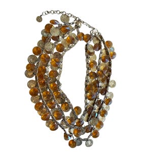 Vintage Signed HOBE Rare Egyptian Bib Necklace W/ Lucite Yellow Beads & Gold Coins
