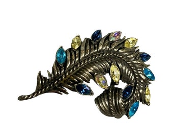 Vintage firmado CORO tono plata AB azul amarillo Rhinestone pluma de pavo real broche Pin MCM