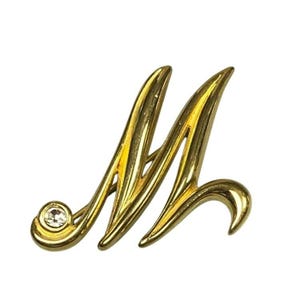 Broche Monet Vintage Gold Tone Inicial M ou W Assinado com Detalhe de Strass