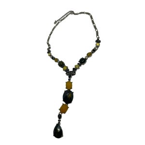Vintage Signed DB Yellow and Black Lariat Necklace with Lucite Beads
