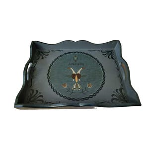 Vintage Scandinavian Handpainted Blue Wood Tray with Birds with &quot;Johnson&quot;