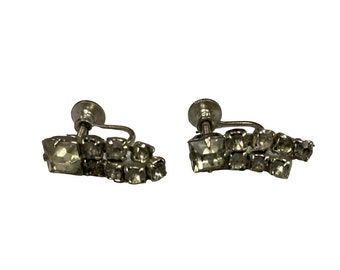 Vintage Art Deco Rhinestone Silvertone Screwback Earrings - Wedding, Prom, Party